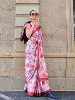 Odette - Women Peach Satin Floral Saree with Unstitched Blouse
