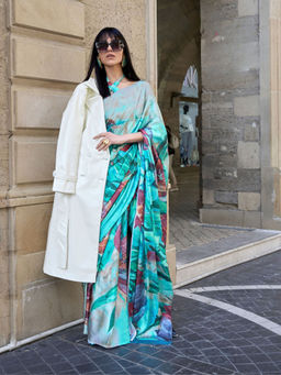 Odette - Women Green Satin Floral Saree with Unstitched Blouse