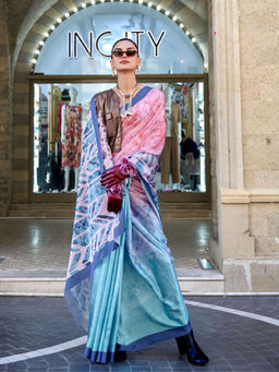 Odette - Women Multi-Color Satin Printed Saree with Unstitched Blouse