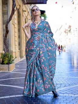 Odette - Women Blue Satin Floral Saree with Unstitched Blouse