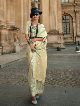 Odette - Women Green Silk Blend Woven Saree with Unstitched Blouse