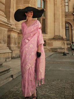 Odette - Women Pink Silk Blend Woven Saree with Unstitched Blouse