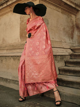 Odette - Women Pink Silk Blend Woven Saree with Unstitched Blouse