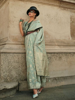Odette - Women Green Silk Blend Woven Saree with Unstitched Blouse