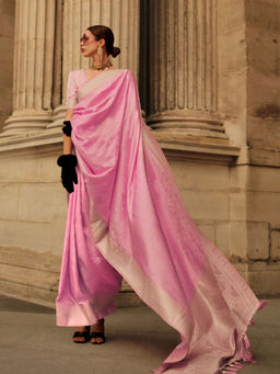 Odette - Women Pink Silk Blend Woven Saree with Unstitched Blouse