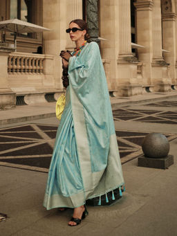 Odette - Women Blue Silk Blend Woven Saree with Unstitched Blouse