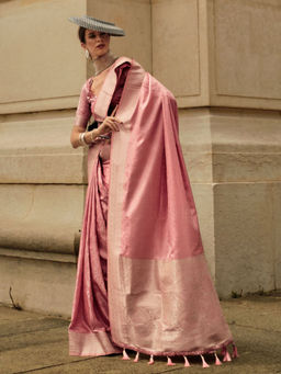 Odette - Women Pink Silk Blend Woven Saree with Unstitched Blouse