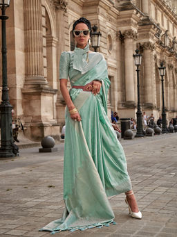 Odette - Women Turquoise Silk Blend Woven Saree with Unstitched Blouse