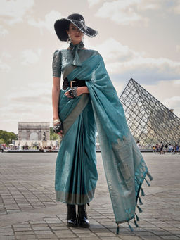 Odette - Women Blue Silk Blend Woven Saree with Unstitched Blouse