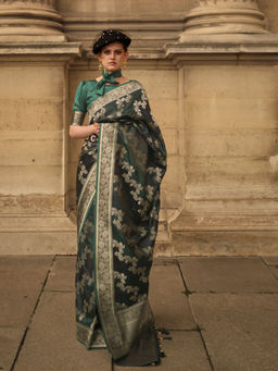 Odette - Women Green Silk Blend Woven Saree with Unstitched Blouse