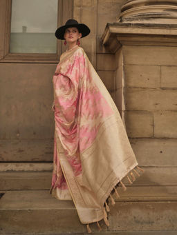 Odette - Women Pink Silk Blend Woven Saree with Unstitched Blouse