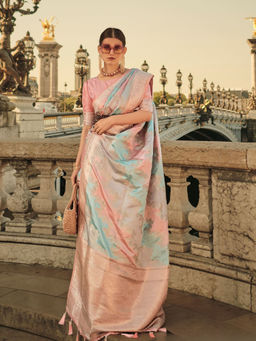 Odette - Women Pink Silk Blend Woven Saree with Unstitched Blouse