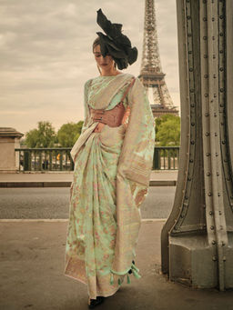 Odette - Women Green Organza Floral Saree with Unstitched Blouse