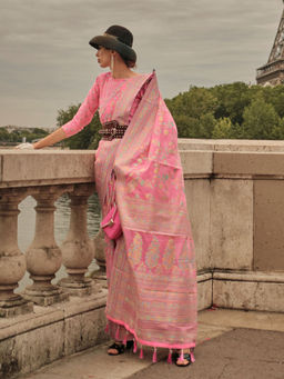 Odette - Women Pink Organza Floral Saree with Unstitched Blouse