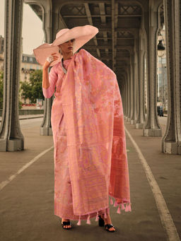 Odette - Women Peach Organza Floral Saree with Unstitched Blouse