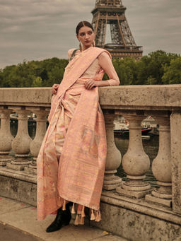 Odette - Women Beige Organza Floral Saree with Unstitched Blouse