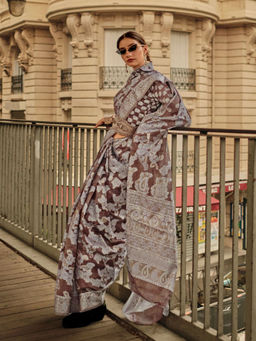 Odette - Women Brown Organza Paisley Saree with Unstitched Blouse