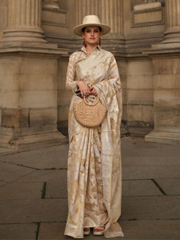 Odette - Women Beige Organza Paisley Saree with Unstitched Blouse