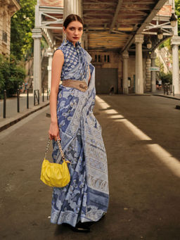 Odette - Women Navy Blue Organza Paisley Saree with Unstitched Blouse