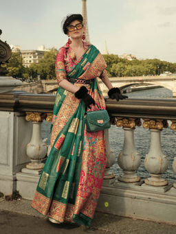 Odette - Women Green Modal Floral Saree with Unstitched Blouse