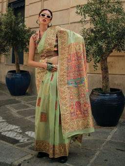 Odette - Women Green Modal Floral Saree with Unstitched Blouse