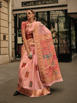 Odette - Women Pink Modal Floral Saree with Unstitched Blouse