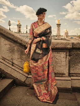 Odette - Women Black Modal Floral Saree with Unstitched Blouse