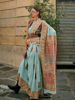 Odette - Women Blue Modal Floral Saree with Unstitched Blouse