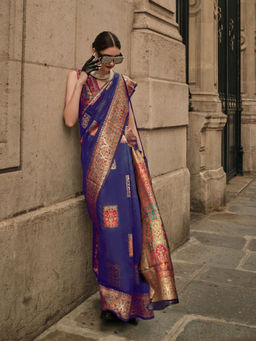 Odette - Women Navy Blue Modal Floral Saree with Unstitched Blouse