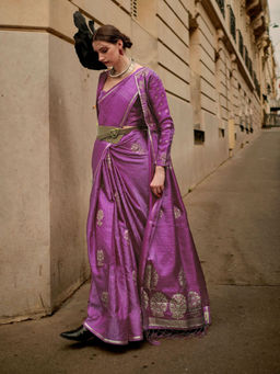 Odette - Women Purple Satin Woven Saree with Unstitched Blouse