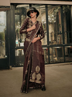 Odette - Women Brown Satin Woven Saree with Unstitched Blouse