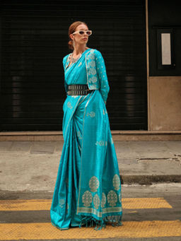 Odette - Women Blue Satin Woven Saree with Unstitched Blouse