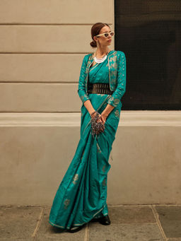 Odette - Women Green Satin Woven Saree with Unstitched Blouse