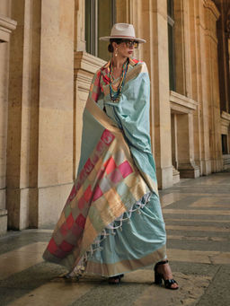 Odette - Women Blue Silk Blend Stripes Saree with Unstitched Blouse