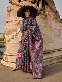 Odette - Women Navy Blue Organza Floral Saree with Unstitched Blouse