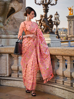 Odette - Women Peach Organza Floral Saree with Unstitched Blouse