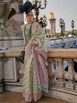 Odette - Women Green Organza Floral Saree with Unstitched Blouse