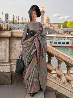 Odette - Women Grey Organza Floral Saree with Unstitched Blouse