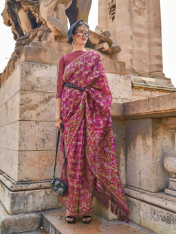 Odette - Women Wine Organza Floral Saree with Unstitched Blouse