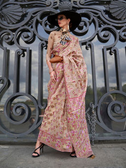 Odette - Women Beige Organza Floral Saree with Unstitched Blouse