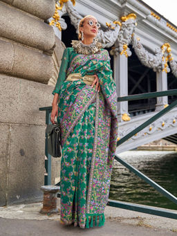 Odette - Women Green Organza Floral Saree with Unstitched Blouse