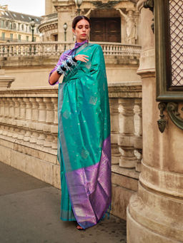 Odette - Women Green Silk Blend Woven Saree with Unstitched Blouse