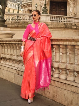 Odette - Women Orange Silk Blend Woven Saree with Unstitched Blouse