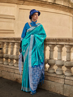 Odette - Women Teal Silk Blend Woven Saree with Unstitched Blouse