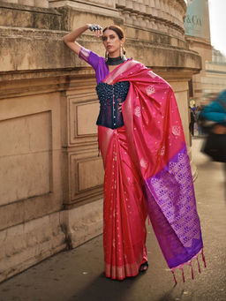Odette - Women Red Silk Blend Woven Saree with Unstitched Blouse