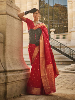 Odette - Women Red Silk Blend Woven Saree with Unstitched Blouse