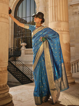 Odette - Women Blue Silk Blend Woven Saree with Unstitched Blouse