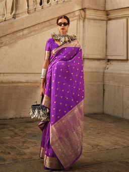 Odette - Women Purple Silk Blend Woven Saree with Unstitched Blouse