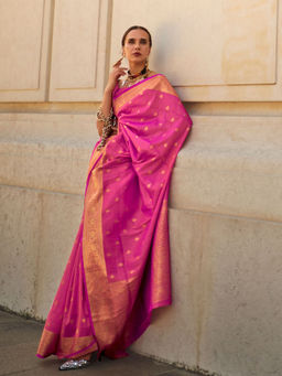 Odette - Women Pink Silk Blend Woven Saree with Unstitched Blouse