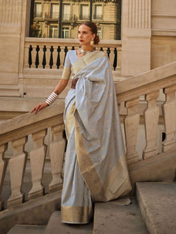 Odette - Women Grey Silk Blend Woven Saree with Unstitched Blouse